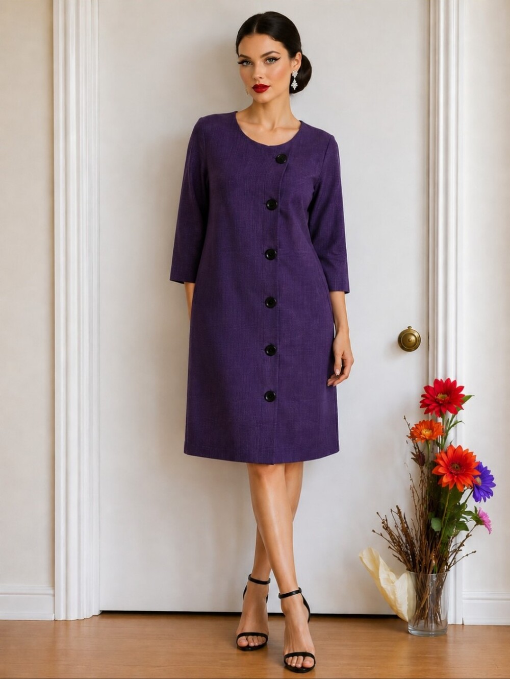Vintage Handcrafted Royal Purple Mod Shift Dress | Retro Button Front Elegant